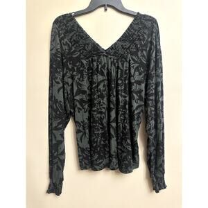 Zac & Rachel Floral Smocked V-Neck Top XL – Black Green Long Sleeve Blouse